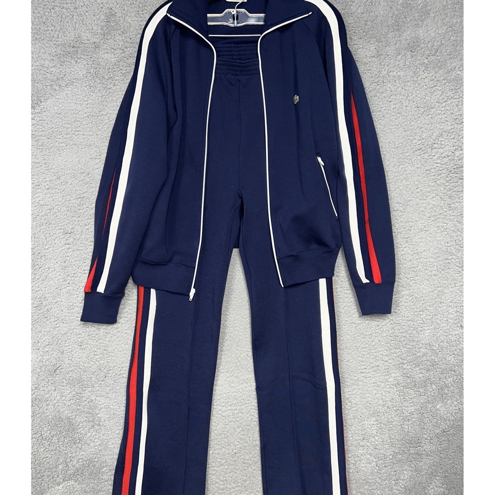 VTG Izod Lacoste Track Suit Pants Jacket Men Sz M Blue Striped Acrylic Piqué 80s